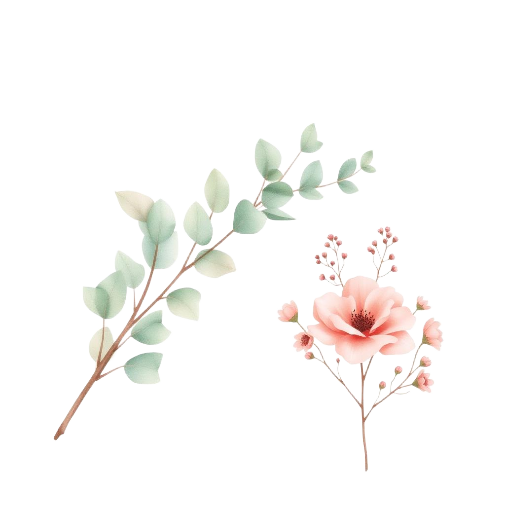 Watercolor eucalyptus branch and soft pink blossoms