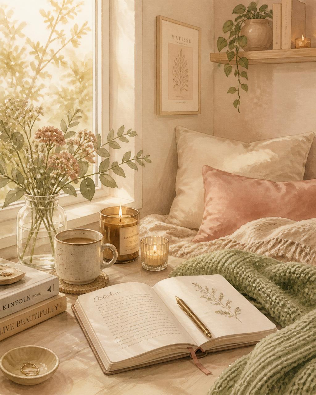 Sunlit cozy room with an open journal, coffee mug, candles and a soft blanket